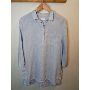 J.Jill Love Linen Blue White Striped Tunic Long Sleeve Button Front Large